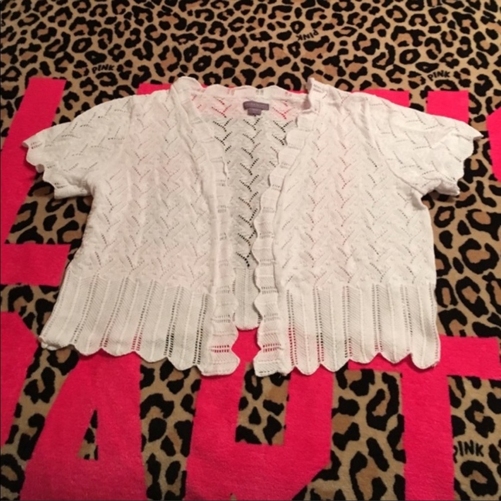 Laura Scott open front crochet knit pointelle cardigan size large women